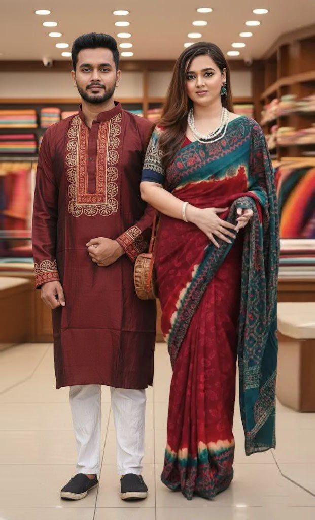 কাপল ড্রেস কালেকশন চান্দুরি সিল্ক শাড়ি ও ধুপিয়ান পাঞ্জাবি